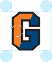 Gettysburg College athletic G logo clear space shown, width of G&rsquo;s stem all around