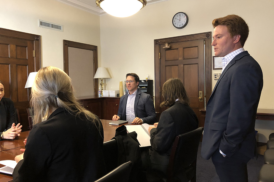 Jake Ecke &rsquo;18 (standing right) connected Gettysburg students