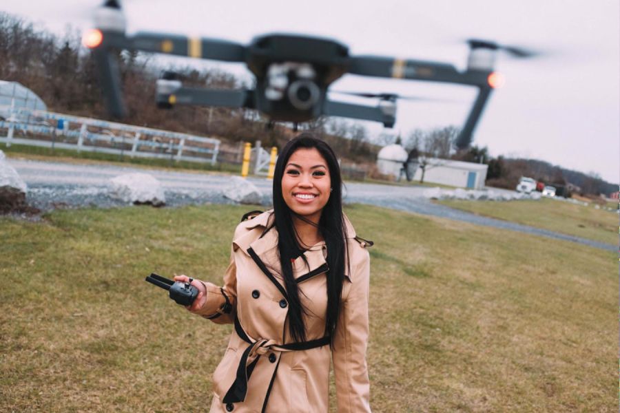 Alyssa Kaewwilai &rsquo;20 operates a drone for flood research.