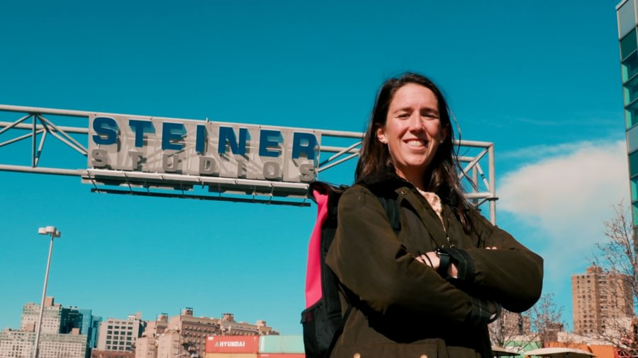Laura Habecker &rsquo;13 stands outside Steiner Studios in Brooklyn.