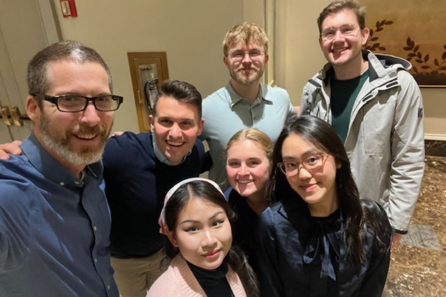 Former and current Garthwait Leadership Center staff with student Leadership Educators at the 2024 Leadership Educators Institute in Philadelphia, Pennsylvania: (back row) Paul Miller, Andy Hughes, Ashton Record &rsquo;25, Sam Anderson; (front row) Adelaide Nguyen &rsquo;26, Bailey Ytterdahl, and Van-Anh Tran &rsquo;27